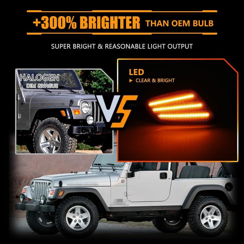 OFFKAT New 2 PCS Front Fender LED Side Marker Lights for 1997-2006 Je-ep Wrangler TJ, TJ Smoked Lens Side Markers Turn Signal Light, [Ultra-Bright] Amber LED Side Bumper Marker Lamp - Image 3